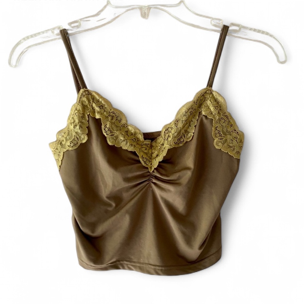 SHEIN BROWN LACE PANEL RUCHED CAMI Y2K BABYDOLL TANK TOP SIZE SMALL